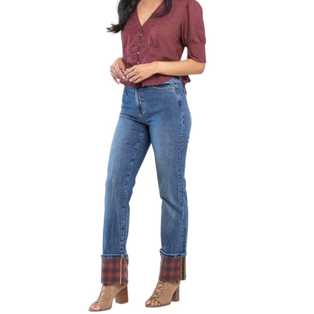 NWT Judy Blue Plaid Cuffed High Rise Straight Leg Medium Wash Size 0/24 JB88707 - Picture 2 of 3